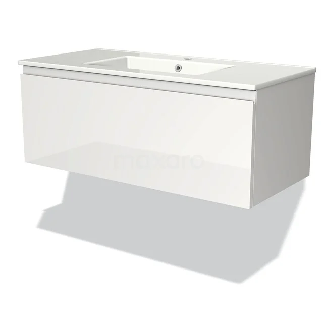 Modulo Badkamermeubel Met Wastafel | 100 Cm Hoogglans Wit Greeploos Front Keramiek 1 Lade 1 Modulo Badkamermeubel Met Wastafel | 100 Cm Hoogglans Wit Greeploos Front Keramiek 1 Lade