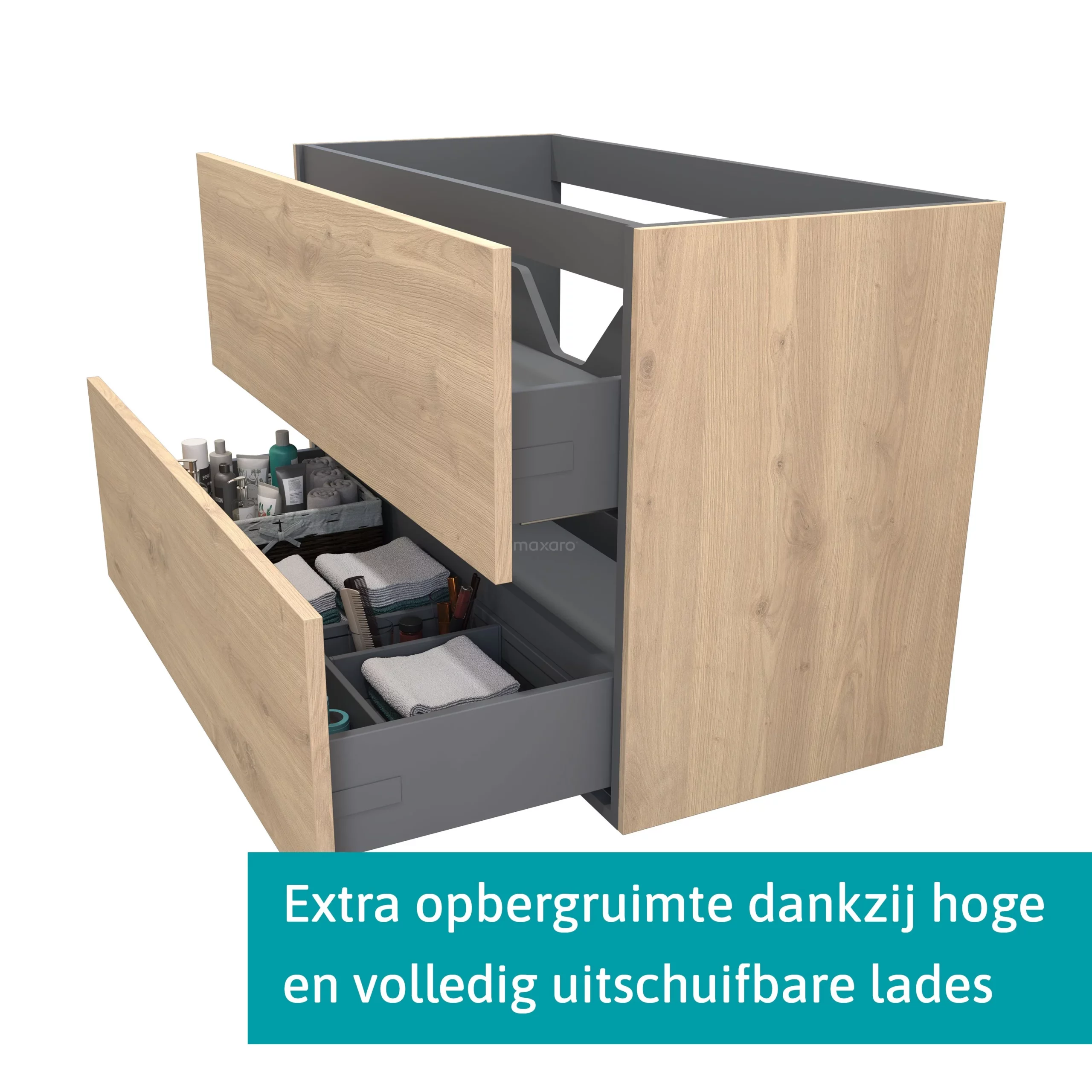 Modulo Badkamermeubel Met Wastafel | 100 Cm Lichtbruin Eiken Vlak Front Keramiek 2 Lades Onder Elkaar 2 Modulo Badkamermeubel Met Wastafel | 100 Cm Lichtbruin Eiken Vlak Front Keramiek 2 Lades Onder Elkaar - Afbeelding 2