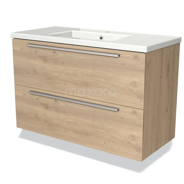 Modulo Badkamermeubel Met Wastafel | 100 Cm Lichtbruin Eiken Vlak Front Keramiek 2 Lades Onder Elkaar 1 Modulo Badkamermeubel Met Wastafel | 100 Cm Lichtbruin Eiken Vlak Front Keramiek 2 Lades Onder Elkaar