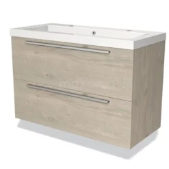 Modulo Badkamermeubel Met Wastafel | 100 Cm Lichtgrijs Eiken Vlak Front Mineraalmarmer 2 Lades Onder Elkaar