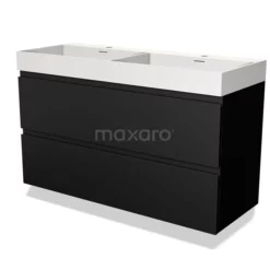 Modulo Badkamermeubel Met Wastafel | 120 Cm Mat Zwart Greeploos Front Solid Surface 2 Lades Onder Elkaar