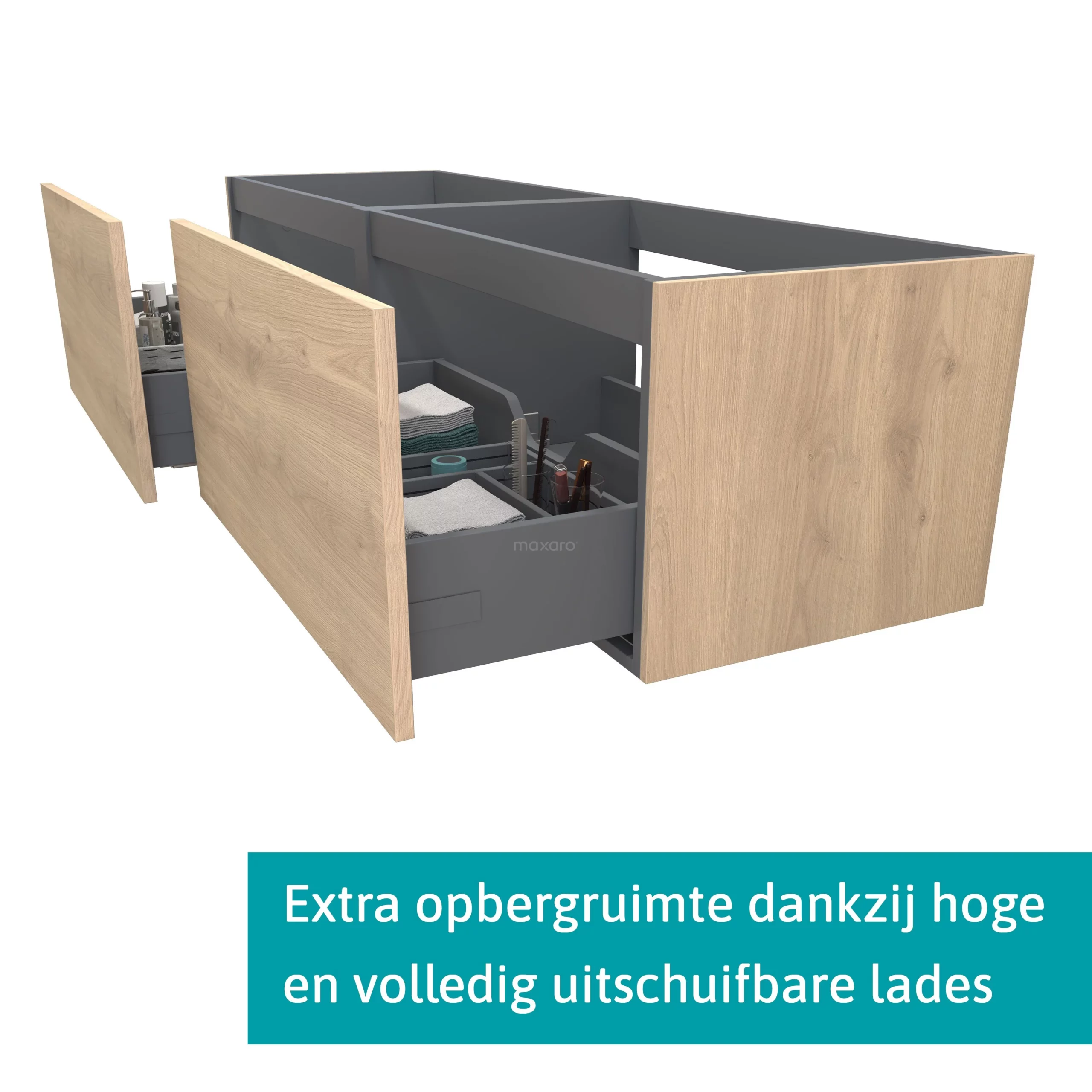 Modulo Badkamermeubel Met Wastafel | 160 Cm Lichtbruin Eiken Vlak Front Mineraalmarmer 2 Lades Naast Elkaar 2 Modulo Badkamermeubel Met Wastafel | 160 Cm Lichtbruin Eiken Vlak Front Mineraalmarmer 2 Lades Naast Elkaar - Afbeelding 2