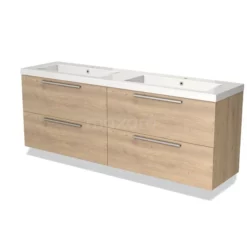 Modulo Badkamermeubel Met Wastafel | 180 Cm Lichtbruin Eiken Vlak Front Mineraalmarmer 4 Lades