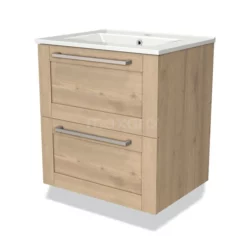 Modulo Badkamermeubel Met Wastafel | 60 Cm Lichtbruin Eiken Kader Front Keramiek 2 Lades Onder Elkaar