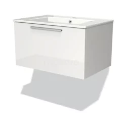 Modulo Badkamermeubel Met Wastafel | 70 Cm Hoogglans Wit Vlak Front Keramiek 1 Lade