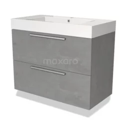 Modulo Badkamermeubel Met Wastafel | 90 Cm Lichtgrijs Beton Vlak Front Mineraalmarmer 2 Lades Onder Elkaar