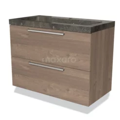 Modulo Badkamermeubel Met Wastafel | 90 Cm Middenbruin Eiken Vlak Front Natuursteen 2 Lades Onder Elkaar