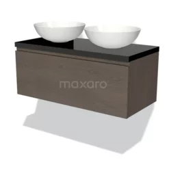 Modulo Plato Badkamermeubel Voor Waskom | 100 Cm Donkerbruin Eiken Greeploos Front Hoogglans Zwart Blad 1 Lade