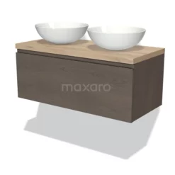 Modulo Plato Badkamermeubel Voor Waskom | 100 Cm Donkerbruin Eiken Greeploos Front Lichtbruin Eiken Blad 1 Lade