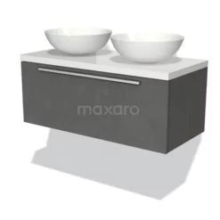 Modulo Plato Badkamermeubel Voor Waskom | 100 Cm Donkergrijs Beton Vlak Front Hoogglans Wit Blad 1 Lade