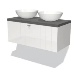 Modulo Plato Badkamermeubel Voor Waskom | 100 Cm Hoogglans Wit Lamel Front Donkergrijs Beton Blad 1 Lade