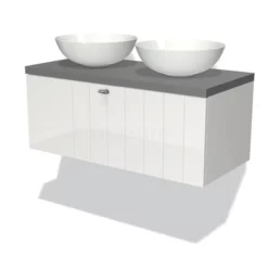 Modulo Plato Badkamermeubel Voor Waskom | 100 Cm Hoogglans Wit Lamel Front Middengrijs Blad 1 Lade