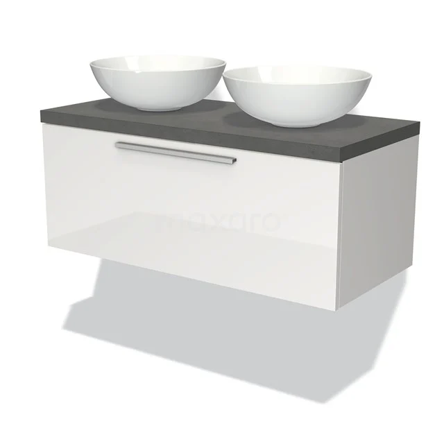 Modulo Plato Badkamermeubel Voor Waskom | 100 Cm Hoogglans Wit Vlak Front Donkergrijs Beton Blad 1 Lade 1 Modulo Plato Badkamermeubel Voor Waskom | 100 Cm Hoogglans Wit Vlak Front Donkergrijs Beton Blad 1 Lade
