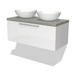 Modulo Plato Badkamermeubel Voor Waskom | 100 Cm Hoogglans Wit Vlak Front Grijs Eiken Blad 1 Lade