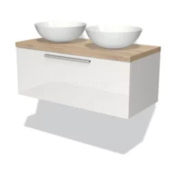 Modulo Plato Badkamermeubel Voor Waskom | 100 Cm Hoogglans Wit Vlak Front Lichtbruin Eiken Blad 1 Lade