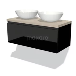 Modulo Plato Badkamermeubel Voor Waskom | 100 Cm Hoogglans Zwart Greeploos Front Lichtgrijs Eiken Blad 1 Lade