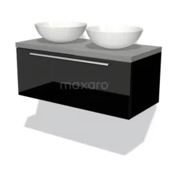 Modulo Plato Badkamermeubel Voor Waskom | 100 Cm Hoogglans Zwart Vlak Front Lichtgrijs Beton Blad 1 Lade