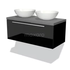 Modulo Plato Badkamermeubel Voor Waskom | 100 Cm Hoogglans Zwart Vlak Front Middengrijs Blad 1 Lade