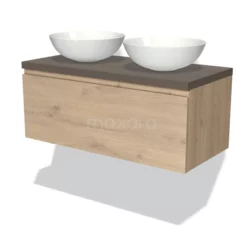 Modulo Plato Badkamermeubel Voor Waskom | 100 Cm Lichtbruin Eiken Greeploos Front Donkerbruin Eiken Blad 1 Lade