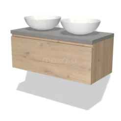 Modulo Plato Badkamermeubel Voor Waskom | 100 Cm Lichtbruin Eiken Greeploos Front Lichtgrijs Beton Blad 1 Lade