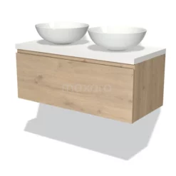 Modulo Plato Badkamermeubel Voor Waskom | 100 Cm Lichtbruin Eiken Greeploos Front Mat Wit Blad 1 Lade