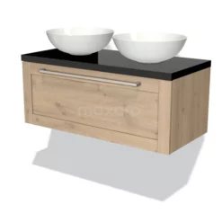 Modulo Plato Badkamermeubel Voor Waskom | 100 Cm Lichtbruin Eiken Kader Front Hoogglans Zwart Blad 1 Lade