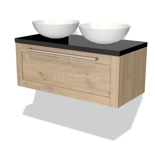 Modulo Plato Badkamermeubel Voor Waskom | 100 Cm Lichtbruin Eiken Kader Front Hoogglans Zwart Blad 1 Lade 1 Modulo Plato Badkamermeubel Voor Waskom | 100 Cm Lichtbruin Eiken Kader Front Hoogglans Zwart Blad 1 Lade