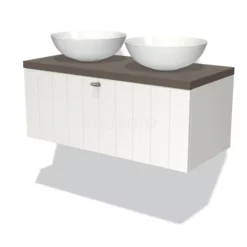 Modulo Plato Badkamermeubel Voor Waskom | 100 Cm Mat Wit Lamel Front Donkerbruin Eiken Blad 1 Lade