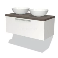 Modulo Plato Badkamermeubel Voor Waskom | 100 Cm Mat Wit Vlak Front Donkerbruin Eiken Blad 1 Lade