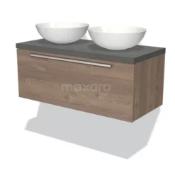 Modulo Plato Badkamermeubel Voor Waskom | 100 Cm Middenbruin Eiken Vlak Front Donkergrijs Beton Blad 1 Lade