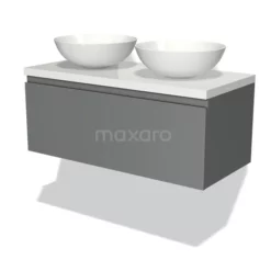 Modulo Plato Badkamermeubel Voor Waskom | 100 Cm Middengrijs Greeploos Front Hoogglans Wit Blad 1 Lade