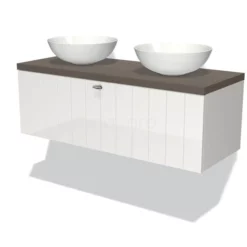 Modulo Plato Badkamermeubel Voor Waskom | 120 Cm Hoogglans Wit Lamel Front Donkerbruin Eiken Blad 1 Lade