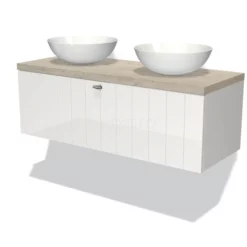 Modulo Plato Badkamermeubel Voor Waskom | 120 Cm Hoogglans Wit Lamel Front Lichtgrijs Eiken Blad 1 Lade