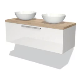 Modulo Plato Badkamermeubel Voor Waskom | 120 Cm Hoogglans Wit Vlak Front Lichtbruin Eiken Blad 1 Lade