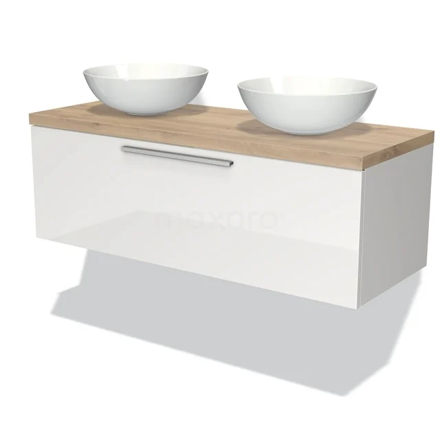 Modulo Plato Badkamermeubel Voor Waskom | 120 Cm Hoogglans Wit Vlak Front Lichtbruin Eiken Blad 1 Lade 1 Modulo Plato Badkamermeubel Voor Waskom | 120 Cm Hoogglans Wit Vlak Front Lichtbruin Eiken Blad 1 Lade