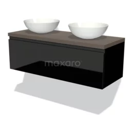 Modulo Plato Badkamermeubel Voor Waskom | 120 Cm Hoogglans Zwart Greeploos Front Donkerbruin Eiken Blad 1 Lade
