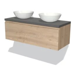 Modulo Plato Badkamermeubel Voor Waskom | 120 Cm Lichtbruin Eiken Greeploos Front Donkergrijs Beton Blad 1 Lade