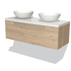 Modulo Plato Badkamermeubel Voor Waskom | 120 Cm Lichtbruin Eiken Vlak Front Hoogglans Wit Blad 1 Lade