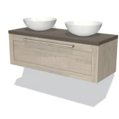 Modulo Plato Badkamermeubel Voor Waskom | 120 Cm Lichtgrijs Eiken Kader Front Donkerbruin Eiken Blad 1 Lade