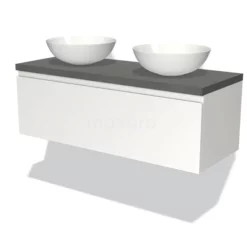 Modulo Plato Badkamermeubel Voor Waskom | 120 Cm Mat Wit Greeploos Front Donkergrijs Beton Blad 1 Lade