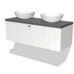 Modulo Plato Badkamermeubel Voor Waskom | 120 Cm Mat Wit Lamel Front Donkergrijs Beton Blad 1 Lade