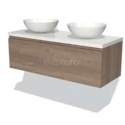 Modulo Plato Badkamermeubel Voor Waskom | 120 Cm Middenbruin Eiken Greeploos Front Hoogglans Wit Blad 1 Lade