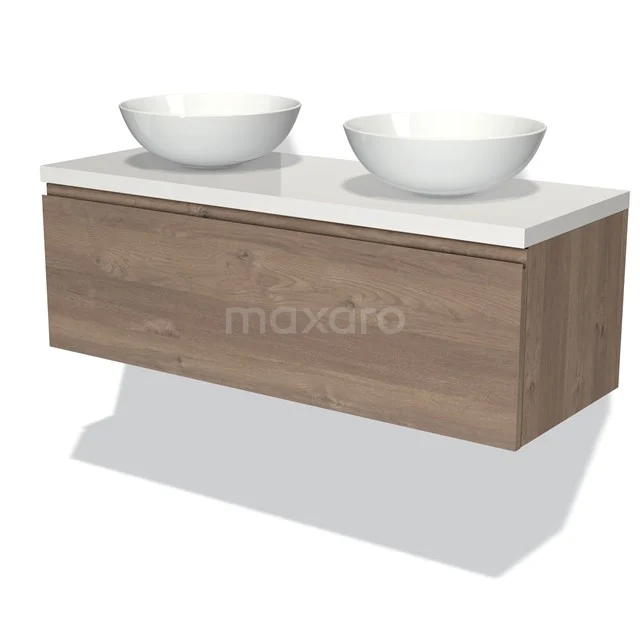 Modulo Plato Badkamermeubel Voor Waskom | 120 Cm Middenbruin Eiken Greeploos Front Hoogglans Wit Blad 1 Lade 1 Modulo Plato Badkamermeubel Voor Waskom | 120 Cm Middenbruin Eiken Greeploos Front Hoogglans Wit Blad 1 Lade