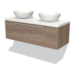 Modulo Plato Badkamermeubel Voor Waskom | 120 Cm Middenbruin Eiken Vlak Front Mat Wit Blad 1 Lade