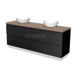 Modulo Plato Badkamermeubel Voor Waskom | 180 Cm Mat Zwart Greeploos Front Middenbruin Eiken Blad 4 Lades