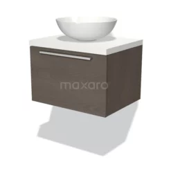 Modulo Plato Badkamermeubel Voor Waskom | 60 Cm Donkerbruin Eiken Vlak Front Mat Wit Blad 1 Lade