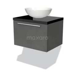 Modulo Plato Badkamermeubel Voor Waskom | 60 Cm Donkergrijs Beton Vlak Front Hoogglans Zwart Blad 1 Lade