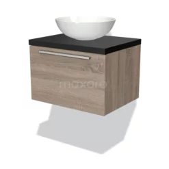 Modulo Plato Badkamermeubel Voor Waskom | 60 Cm Eiken Vlak Front Mat Zwart Blad 1 Lade