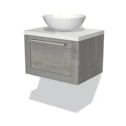 Modulo Plato Badkamermeubel Voor Waskom | 60 Cm Grijs Eiken Kader Front Hoogglans Wit Blad 1 Lade