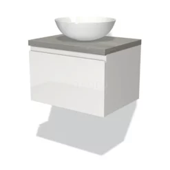 Modulo Plato Badkamermeubel Voor Waskom | 60 Cm Hoogglans Wit Greeploos Front Grijs Eiken Blad 1 Lade